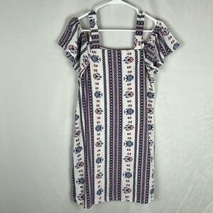 Ing White, Blue, Pink Floral Cold Shoulder Short Sleeve Mini Dress -Size Small